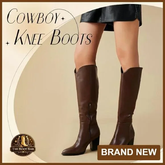 Knee High Boots Faux Leather Pointed Toe Chunky Heel Western Style - Picture 4 of 8